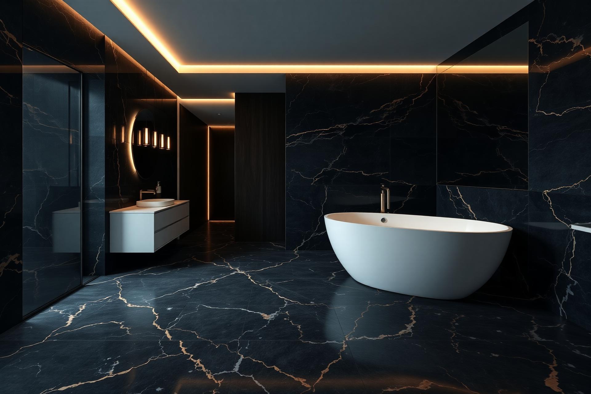 Luxury dark marble bathroom by OneCrew Tiling
